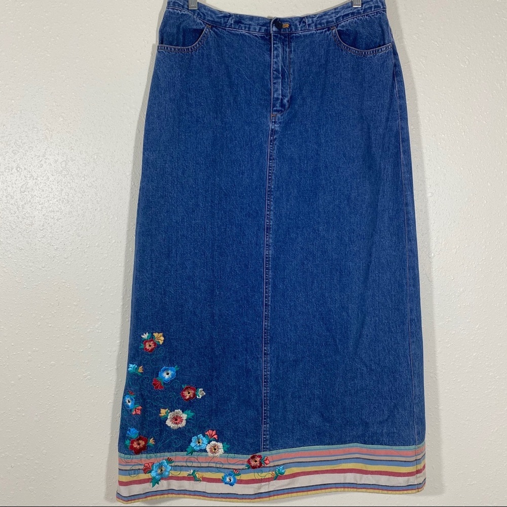 Vintage Boho Denim Skirt Embroidered Midi Skirt 32” Waist